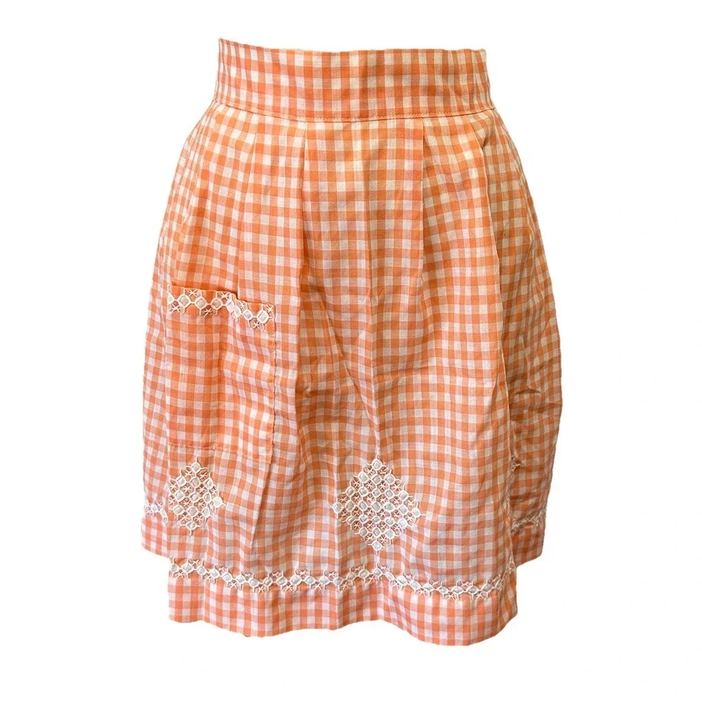 Vintage Gingham Check Half Waist Apron Embroidered Peach Cottagecore Trad Wife